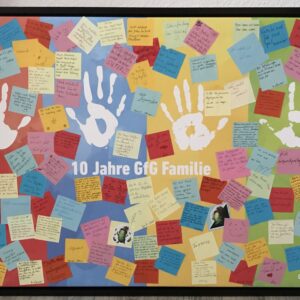 Bunte Pinnwand mit Handabdrücken und vielen beschriebenen Zetteln zum Jubiläum „10 Jahre GfG Familie", Oktober 2024
